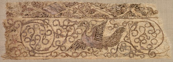 Embroidered fragment with bird among vines, 1100s. Creator: Unknown.