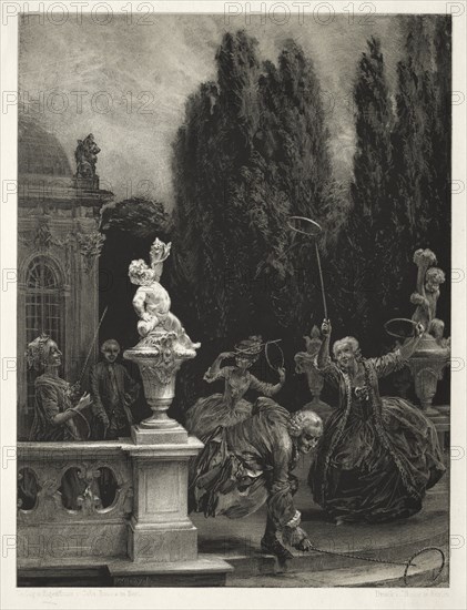 Essay on Stone with Brush and Scraper: Playing at Hoops on the Castle Terrace, 1851. Creator: Adolph von Menzel (German, 1815-1905).