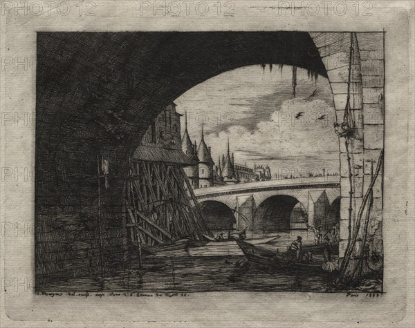 Etchings of Paris: An Arch of the Notre Dame Bridge, 1853. Creator: Charles Meryon (French, 1821-1868).