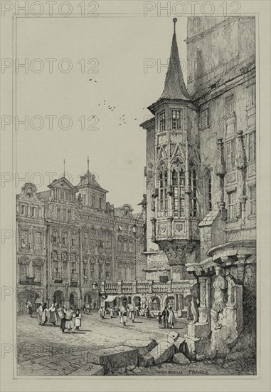 Facisimilies of Sketches made in Flanders and Germany: Hotel de Ville, Prague, 1833. Creator: Samuel Prout (British, 1783-1852).