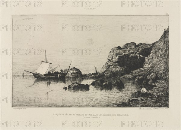 Fishing boat making a port of call at the rocks of Collioure, 1878. Creator: Adolphe Appian (French, 1818-1898); Alfred Cadart.