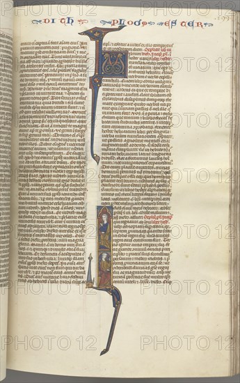 Fol. 199r, Esther, historiated initial, two seated male figures, c. 1275-1300. Creator: Unknown.