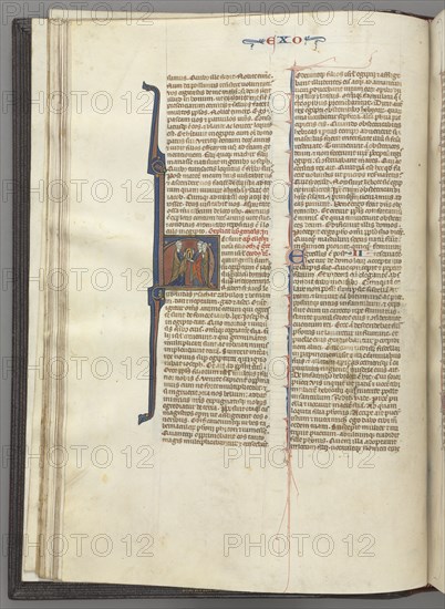 Fol. 20v, Exodus, historiated initial H, Moses and two followers with the tablets of the law, c. 127 Creator: Unknown.