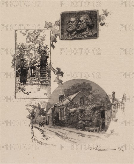 Fontainebleau Forest: Entry to Rousseau's Studio and the Millet Home (La Forêt de Fontainebleau...,  Creator: Auguste Louis Lepère (French, 1849-1918); A. Desmoulins, Published in Revue Illustrée, 1887-90.
