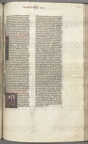 Fol. 353r, Joel, historiated initial V, Joel seated with a scroll, bust of God above, c. 1275-1300. Creator: Unknown.