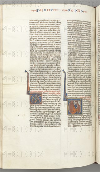 Fol. 362v, Zephaniah, historiated initial V, Zephaniah kneeling with a scroll, bust of God..., c. 12 Creator: Unknown.