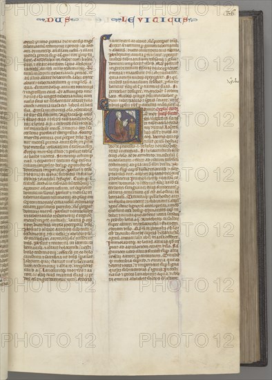 Fol. 36r, Leviticus, historiated initial V, Moses offering a sacrificial lamb on an altar, c. 1275-1 Creator: Unknown.