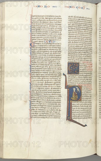 Fol. 440v, Corinthians I, historiated initial P, Paul kneeling talking to the bust of God above, c.  Creator: Unknown.