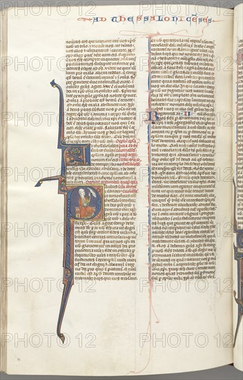 Fol. 455v, Thessalonians II, historiated initial P, Paul seated with a sword..., c. 1275-1300. Creator: Unknown.