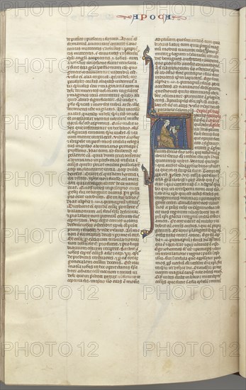 Fol. 482v, Revelations, historiated initial A, John seated at a desk writing..., c. 1275-1300. Creator: Unknown.