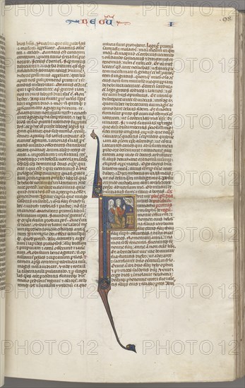 Fol. 98r, Kings I, historiated initial F, Elkanah and Hannah kneeling before an altar..., c. 1275-13 Creator: Unknown.