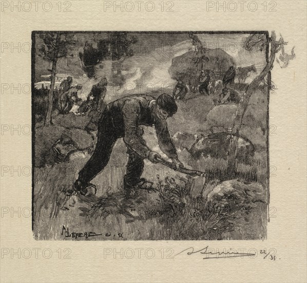 Fontainebleau Forest: Pulling the Heather (La Forêt de Fontainebleau: Arracheurs de Bruyères), 1890. Creator: Auguste Louis Lepère (French, 1849-1918); A. Desmoulins, Published in Revue Illustrée, 1887-90.