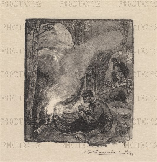Fontainebleau Forest: Woodcutters Meal (La Forêt de Fontainebleau: Le repas des Bûcherons), 1890. Creator: Auguste Louis Lepère (French, 1849-1918); A. Desmoulins, Published in Revue Illustrée, 1887-90.