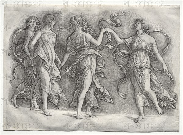 Four Dancing Muses, c. 1497. Creator: the so-called Premier Engraver (Italian), probably by ; Andrea Mantegna (Italian, 1431-1506).