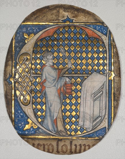 Fragment from a Lectern Bible: Initial E[t fecit Josias] with Josiah Aspersing the Altar, c. 1300. Creator: Master Honoré (French, Paris, active 1288-1318), circle of.