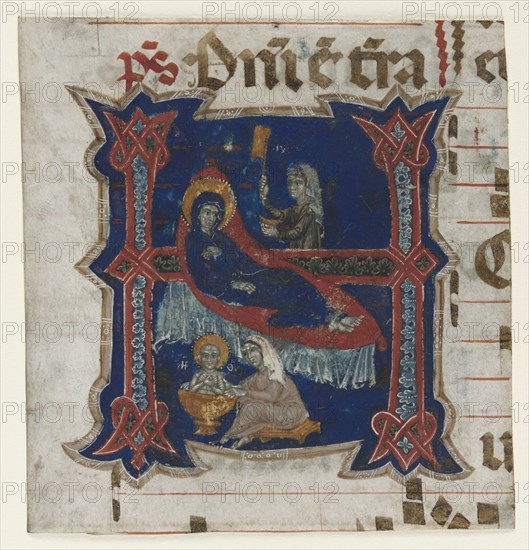 Fragment of a Choir Book with Historiated Initial (H): Birth of the Virgin, 1200s. Creator: Unknown.