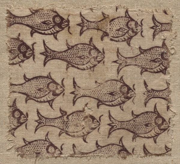 Fragment of a wood-block print on linen, 1200s - 1300s. Creator: Unknown.