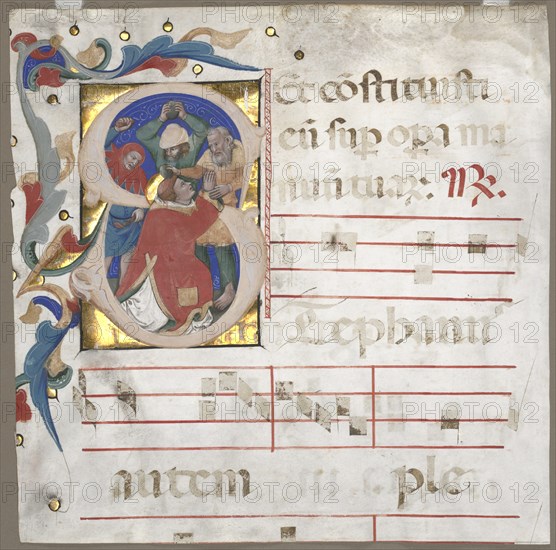 Fragment of an Antiphonary with Historiated Initial (S): The Stoning of St. Stephen, c. 1370-1372. Creator: Nicolò da Bologna (Italian, c. 1325-1403).