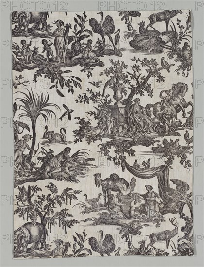 Fragment of Copperplate Printed Cotton with "Les quatres parties du monde" Design, 1788. Creator: Christophe Philippe Oberkampf (French, 1738-1815), firm of ; Jean-Baptiste Marie Hüet (French, 1745-1811).