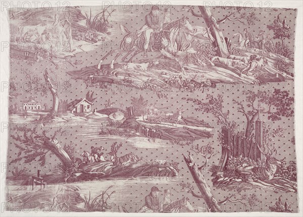 Fragment of Copperplate Printed Cotton with Hunting Scene Design, c. 1815. Creator: Horace Vernet (French, 1789-1863).