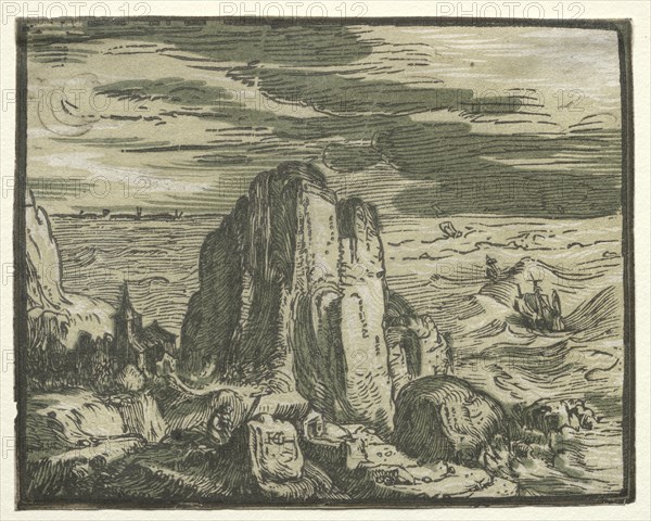 From a set of 4 Landscapes: Cliffon the seashore. Creator: Hendrick Goltzius (Dutch, 1558-1617).