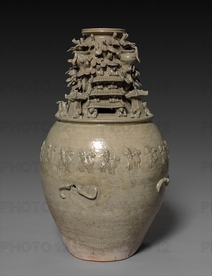 Funerary Urn (Hunping) with Figures, Pavilions, and Birds, 265-316. Creator: Unknown.