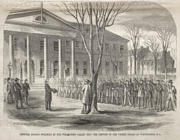 General Thomas Swearing in the Volunteers Called into the Service of the United States..., 1861. Creator: Winslow Homer (American, 1836-1910).