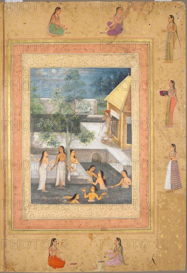 Harem Night-Bathing Scene (recto): Calligraphy Framed by an Ornamental Border...(verso), c. 1650. Creator: Unknown.