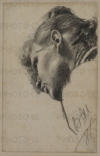 Head of a Young Woman Seen from Below, 1886. Creator: Adolph von Menzel (German, 1815-1905).