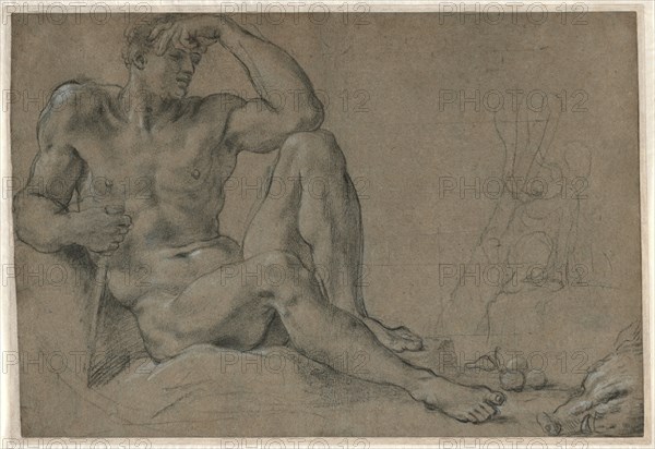 Hercules Resting (recto); Footed Vessel with Handle (verso), 1595-1597. Creator: Annibale Carracci (Italian, c. 1560-1609).