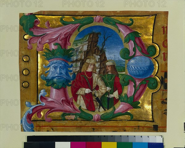 Historiated Initial (D) Excised from a Choir Book: Two Martyr Saints, c. 1500-1510. Creator: Girolamo dai Libri (Italian, 1474-1555), circle of.