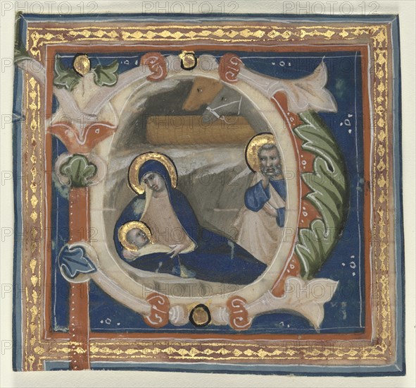 Historiated Initial (P) Excised from a Gradual: The Nativity, c. 1350-1375. Creator: Lippo Vanni (Italian), attributed to.