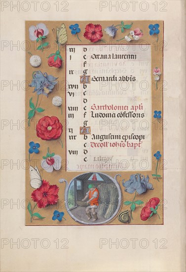 Hours of Queen Isabella the Catholic, Queen of Spain: Fol. 9v, August, c. 1500. Creator: Master of the First Prayerbook of Maximillian (Flemish, c. 1444-1519); Associates, and.