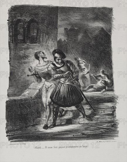 Illustrations for Faust: Méphistophélés and Faust flee after the duel, 1828. Creator: Eugène Delacroix (French, 1798-1863); Chez Ch. Motte, Éditeur, distributed by Chez Sautelet, Libraire.