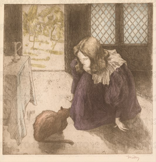 Interior, Little Girl with Cat (La Petite fille au chat), 1897. Creator: Alfredo Müller (Italian, 1869-1940).