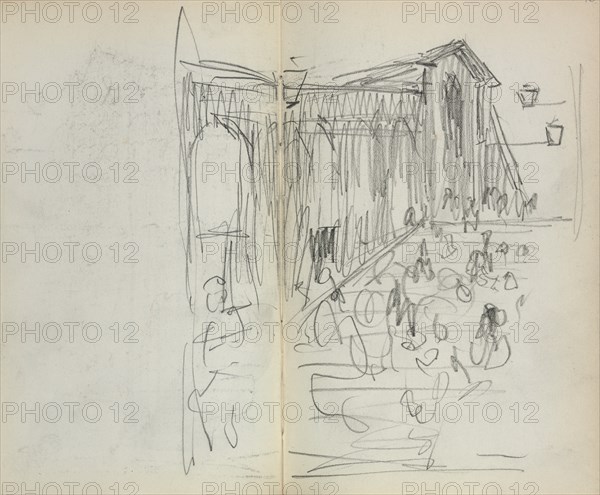 Italian Sketchbook: Bridge with Figures (page 95 & 96), 1898-1899. Creator: Maurice Prendergast (American, 1858-1924).