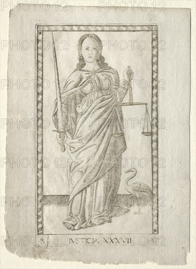 Justice (from the Tarocchi, series B: Cosmic Principles & Virtues, #37), before 1467. Creator: Master of the E-Series Tarocchi (Italian, 15th century).