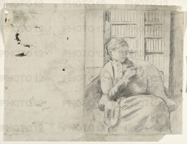 Knitting in the Library (recto), c. 1881. Creator: Mary Cassatt (American, 1844-1926).