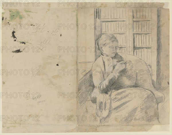 Knitting in the Library (recto); Knitting in the Library (verso), c. 1881. Creator: Mary Cassatt (American, 1844-1926).