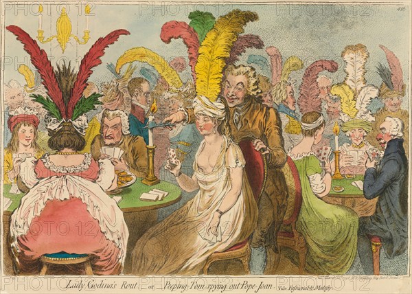 Lady Godina's Rout;-or-Peeping-Tom Spying out Pope-Joan, 1796. Creator: James Gillray (British, 1757-1815); Hannah Humphrey.