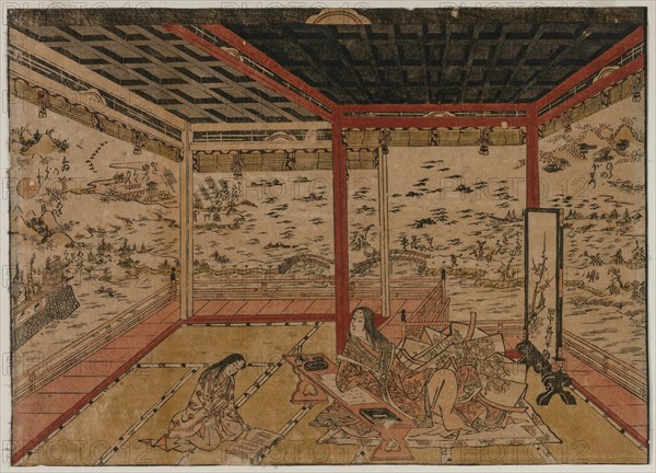 Lady Murasaki at Ishiyama Overlooking a Panorama with Seven Views of Lake Biwa, 1740s. Creator: Okumura Masanobu (Japanese, 1686-1764).