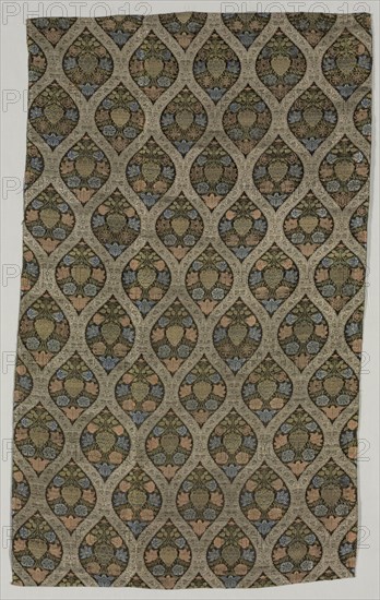 Lampas fragment with blossoms in ogival lattice, 1600s. Creator: Unknown.