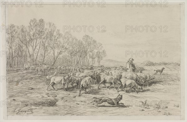 Landscape with a Flock of Sheep, 1800s. Creator: Charles-Émile Jacque (French, 1813-1894).