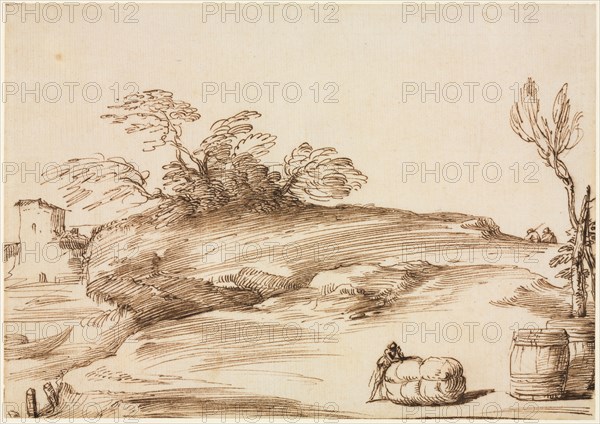 Landscape with a Man Leaning on a Bale, c. 1640. Creator: Guercino (Italian, 1591-1666).