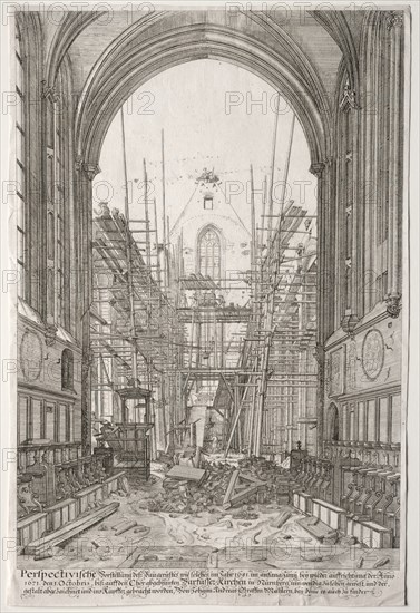 LArt Ancien Zurich: View in the Church of the Franciscans, Barfüsser-Kirke, 1681. Creator: Johan Ulrich Krauss (German, 1655-1719).