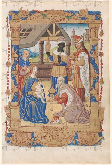 Leaf from a Book of Hours: Adoration of the Magi (recto) and Text with Illustrated Border (verso)... Creator: Unknown.
