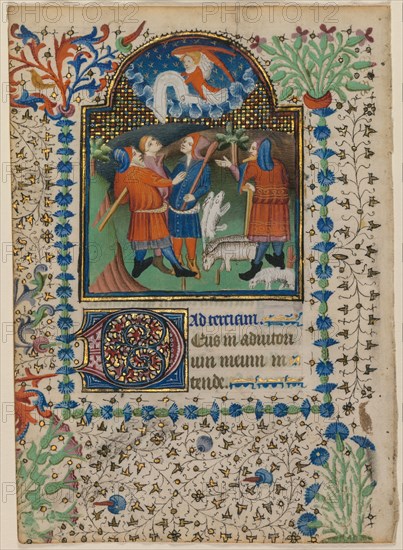 Leaf from a Book of Hours: Annunciation to the Shepherds (recto) and Text (verso), c. 1410-20. Creator: Boethius Illuminator (Flemish, active c. 1414-20).