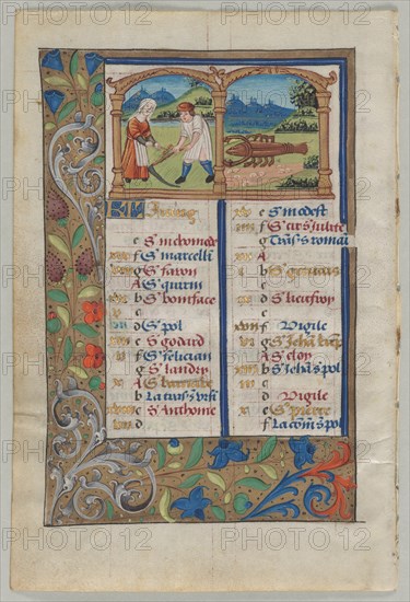 Leaf from a Book of Hours: Calendar Page for June (verso), c. 1510. Creator: Unknown.