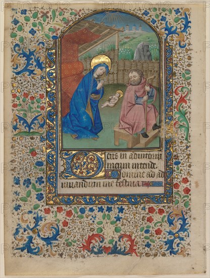 Leaf from a Book of Hours: The Nativity (recto) and Text (verso), c. 1430. Creator: Unknown.