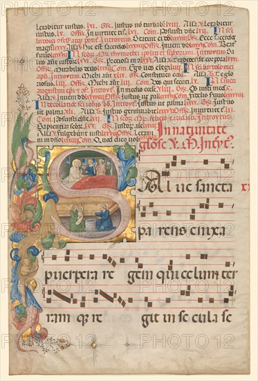 Leaf from a Gradual: Historiated Initial S[alve Sancta Parens] with Birth of the Virgin (recto), c.  Creator: Unknown.